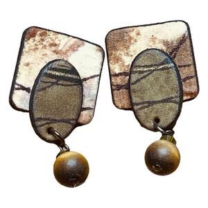 Vintage Handcrafted Earrings Tan Brown‎ Abstract Wood Bead Dangle Pierced Tribal